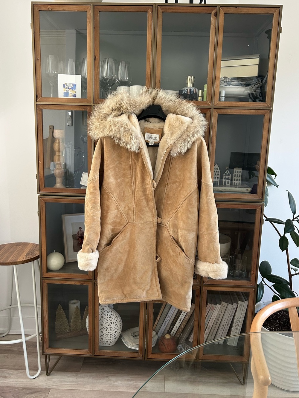 Vintage Suede Leather Shearling Hooded Coat in Camel - 3/4 Length